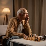 lonliness in seniors, image of a man in front of chess set alone, looking off in the distance