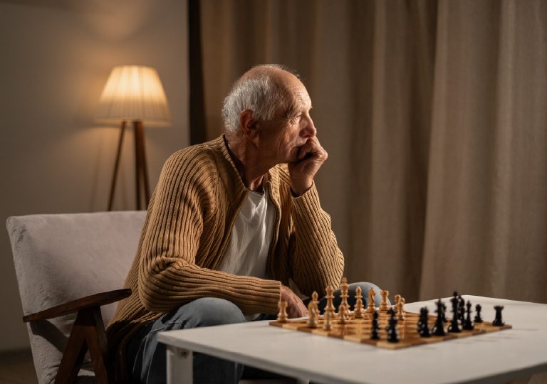 lonliness in seniors, image of a man in front of chess set alone, looking off in the distance